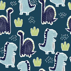 Seamless pattern with funny dinosaurs. Childish trendy print. Vector hand drawn illustration.