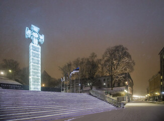 Sticker - Statue of liberty and national flags in winter night