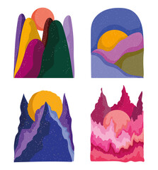 Poster - abstract landscape icon set, colored mountains sun and decoration