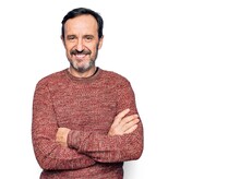 Middle Age Handsome Man Wearing Casual Sweater Standing Over Isolated White Background Happy Face Smiling With Crossed Arms Looking At The Camera. Positive Person.