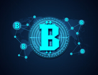 Leinwandbilder - Bitcoin, Cryptocurrency, and Blockchain technology concept on a world map background