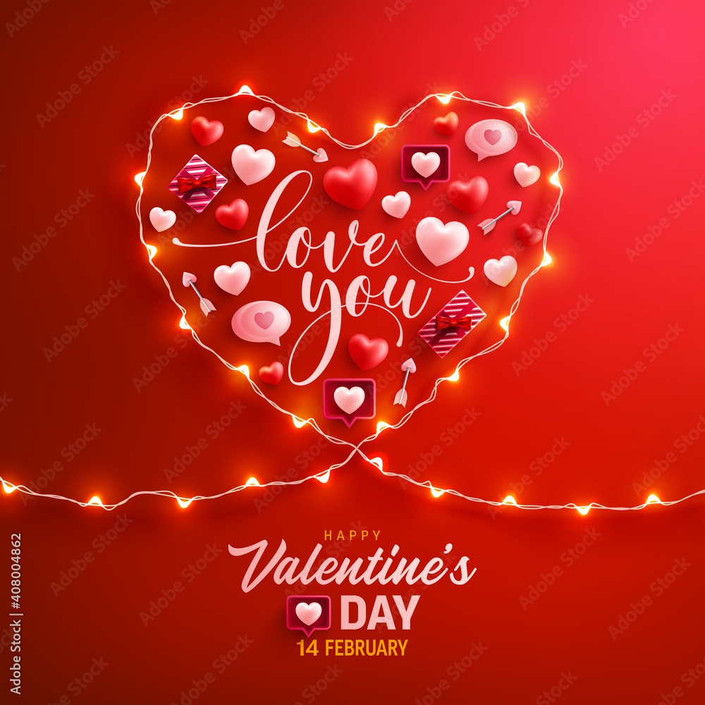Happy Valentine's Day Poster or banner with symbol of heart from LED String lights and valentine elements on red background. Promotion and shopping template for love and Valentine's day concept. - obrazy, fototapety, plakaty 