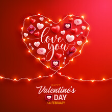 Happy Valentine's Day Poster Or Banner With Symbol Of Heart From LED String Lights And Valentine Elements On Red Background. Promotion And Shopping Template For Love And Valentine's Day Concept.