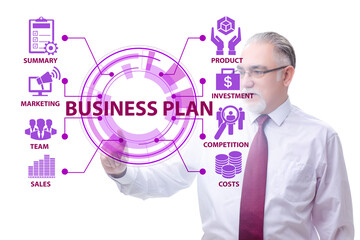 Business plan concept with businessman pressing button