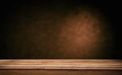 background dark brown with straight light and worn old wooden table