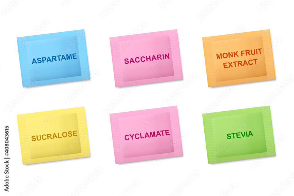 Color codes of sugar substitute packets. Sweetener pouches, color ...