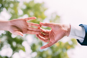 The groom puts the wedding ring on the bride's finger