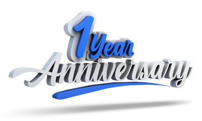 1st anniversary celebration logo in blue and white color isolated on white background. One years anniversary logo. 3d illustration.