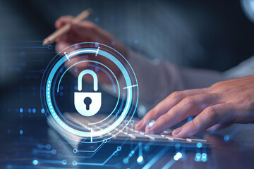 a programmer is typing a code on computer to protect a cyber security from hacker attacks and save c