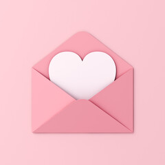 Wall Mural - Sweet blank heart card in pink envelope isolated on pink pastel color wall background with shadow love letter minimal conceptual 3D rendering