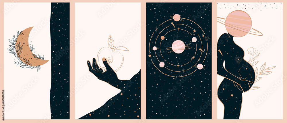 Collection of space and mysterious illustrations for stories templates, Mobile App, Landing page, Web design in hand drawn style. Magic, occultism and astrology concept.  - obrazy, fototapety, plakaty 