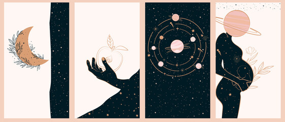 collection of space and mysterious illustrations for stories templates, mobile app, landing page, we