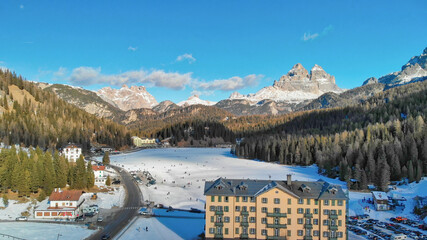 Poster - Italian Dolomites in Winter. Aerial view of Misurina