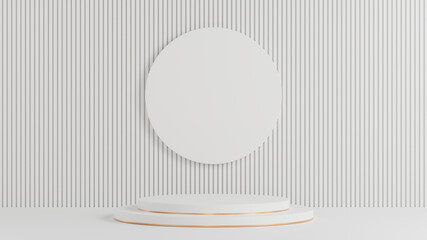 White circle podium for product presentation on white lath wall background minimal style.,3d model and illustration.