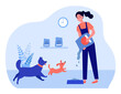 © Bro Vector - Woman feeding pets. Volunteer scattering dog food into bowl. Flat vector illustration. Domestic animals care, shelter, dog sitter concept for banner, website design or landing web page