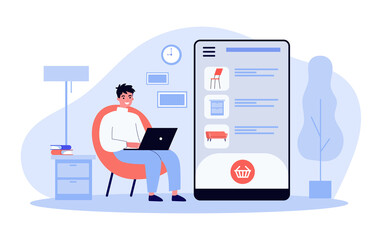 Wall Mural - Happy guy choosing furniture in online store. Smartphone, laptop, home flat vector illustration. Vacation and digital technology concept for banner, website design or landing web page