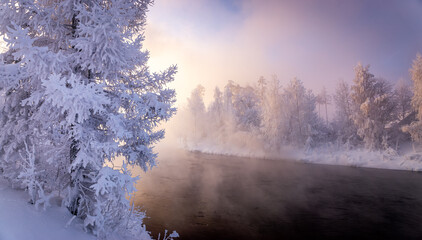 Winter morning at Reftinsky reservoir with snow-covered forest and river, Russia, Ural in January