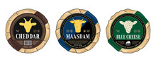 Vector Cheese Round Labels And Cheese Wheels Wrapped In Paper. Cow, Sheep, And Goat Icons