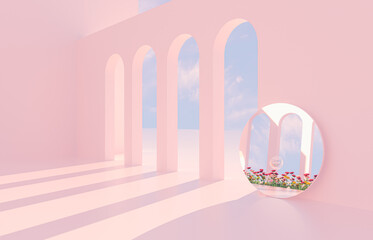 Aufkleber - Romantic Scene with geometrical forms, arch with rose flower garden in natural day light. minimal 3d landscape background. 