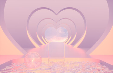 Aufkleber - Romantic Scene with geometrical heart shape forms, arch with swimming pool in natural day light. minimal 3d landscape background.