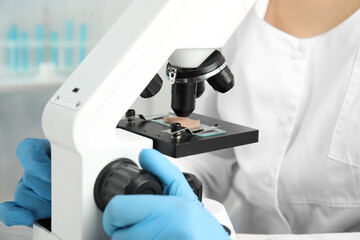 Wall Mural - scientist inspecting meat sample with microscope in laboratory, closeup. poison detection