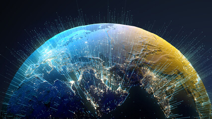 Global connectivity concept with worldwide communication network connection lines around planet Earth viewed from space, satellite orbit, city lights in Europe, some elements from NASA