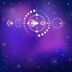 Wall Mural - Mystical drawing: crop circle UFO,  stylized space system. Alchemy, magic, esoteric, occultism, extraterrestrial. Background - night star sky. Vector illustration. Print, poster, T-shirt, card