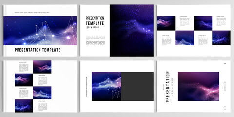Vector layouts of presentation templates for brochure, cover design, flyer, book design, magazine, poster. Digital data visualization, polygonal science dark background.