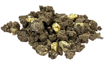 Wall Mural - paydirt with some gold nuggets isolated on white background