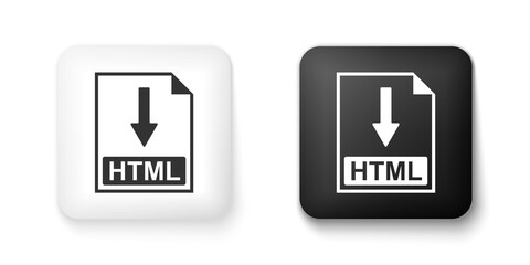 Black and white HTML file document icon. Download HTML button icon isolated on white background. Square button. Vector.