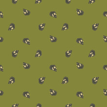 Cartoon Seamless Pattern With Little Skull Silhouettes. Green Olive Background. Scary Print.