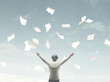 illustration of man throwing sheets of paper in the air, surreal concept
