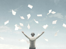 Illustration Of Man Throwing Sheets Of Paper In The Air, Surreal Concept