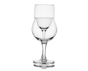 Two empty wine glasses overlapped isolated white.