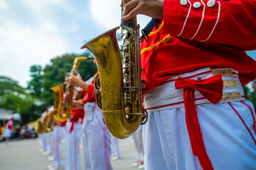 marching band playing musicians, instruments in Tet holidays in Vietnam