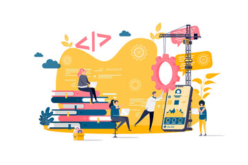 App development concept in flat style. Developers team creating mobile app scene. UI, UX design, engineering and programming web banner. Vector illustration with people characters in work situation.