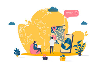 Leinwandbilder - GPS navigation concept in flat style. Man uses GPS navigator scene. Navigate mapping technology, cartography and geolocation system banner. Vector illustration with people characters in work situation