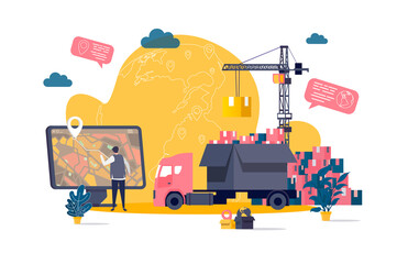 Logistics concept in flat style. Warehouse worker planning route on computer scene. Express delivery service, warehousing and distribution. Vector illustration with people characters in work situation