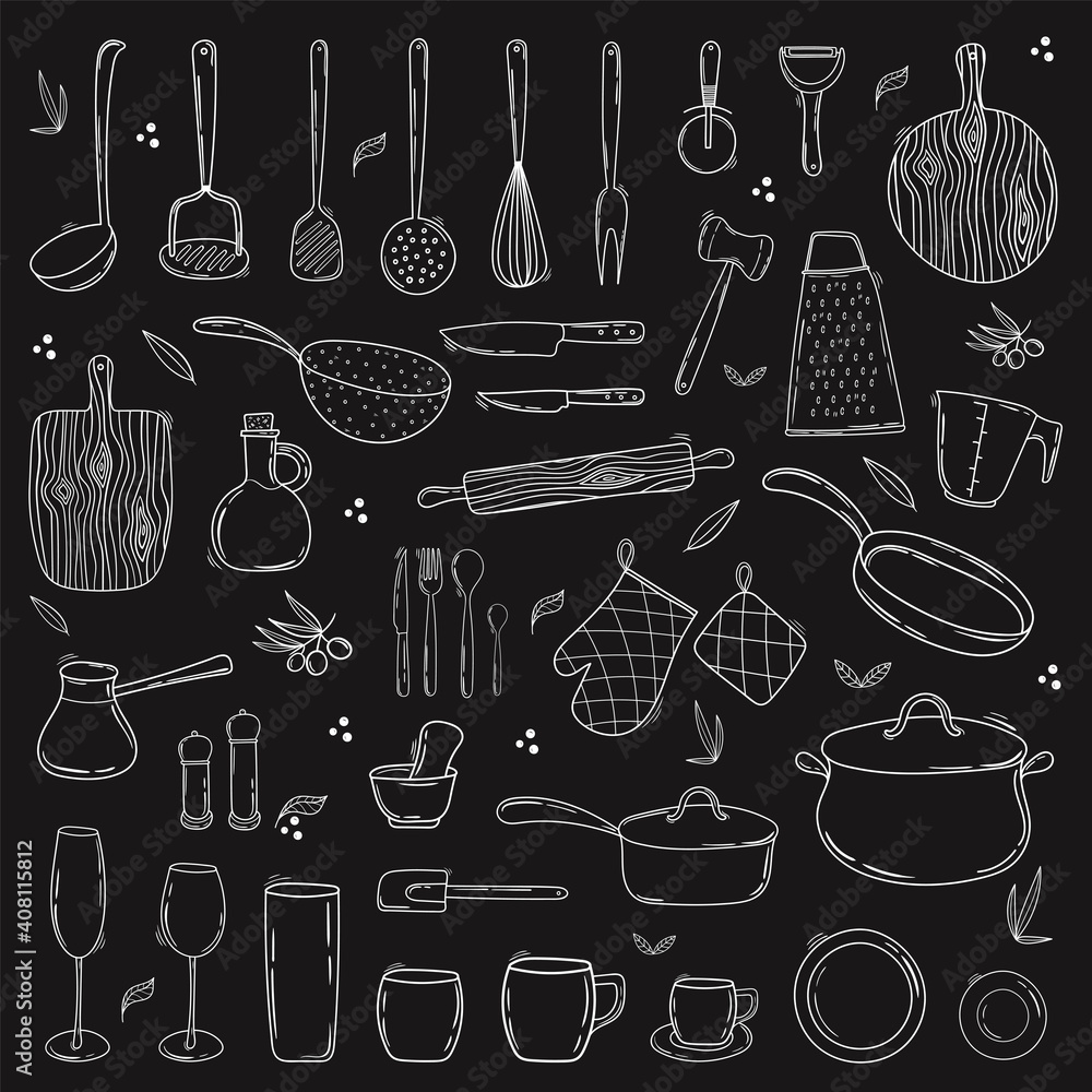 Hand drawn collection of kitchen utensils and tableware. Line art on a  chalkboard background. Doodle Cooking equipment set. Stock Vector | Adobe  Stock, image size:1000x1000