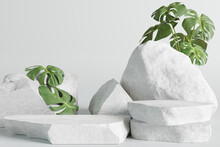 White Stone Podium, Cosmetic Display Product Stand With Monstera Leaf On White Background. 3D Rendering