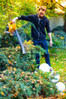 Man using a leaf blower in a garden. Cleaning bushes.