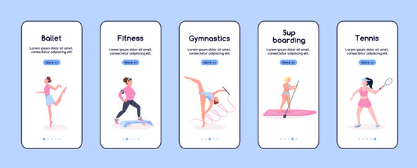 Wall Mural - characters in sport onboarding mobile app screen flat vector template. women sports. walkthrough web