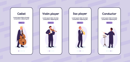 Wall Mural - street musicians onboarding mobile app screen flat vector template. different musical instruments. w