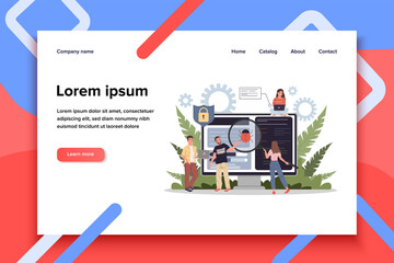 Wall Mural - debugging process flat vector illustration. people fixing bugs in hardware device. application devel