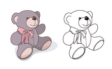 Vector Hand-drawn Illustration Of A Cute Teddy Bear. Gift Toy For Valentines Day, Birthday, Christmas, Holiday.