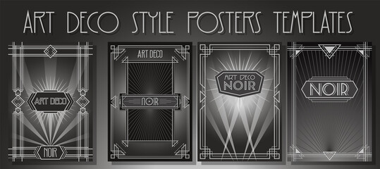 Art Deco Backgrounds, Frames. Noir Movies Posters Style Template Set, Retro Geometric Ornaments, Monochrome Backdrop 