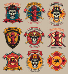 firefighter patches set. badges with skulls in helmets, axes, hydrant, red heraldry with ribbons. co