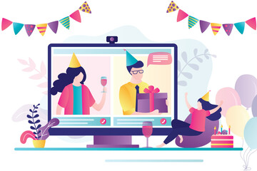 Wall Mural - Friends wish girlfriend happy birthday. Cute woman with close people celebrating birthday online. Concept of self-isolation and quarantine