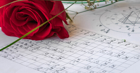 Wall Mural - Close up of printed astrology  chart aspects with a red rose, st Valentine's  holiday astrology background