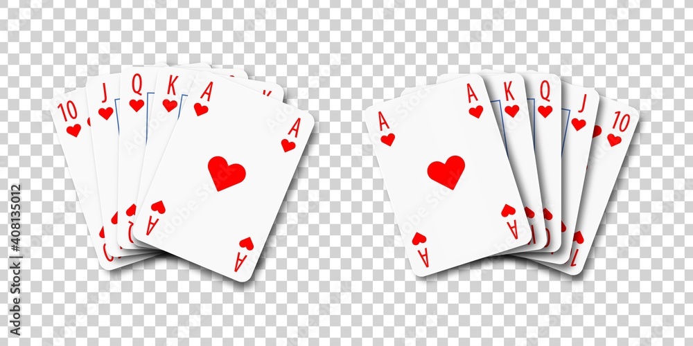 Vector realistic isolated playing cards with royal flush poker combination on the transparent background. - obrazy, fototapety, plakaty 